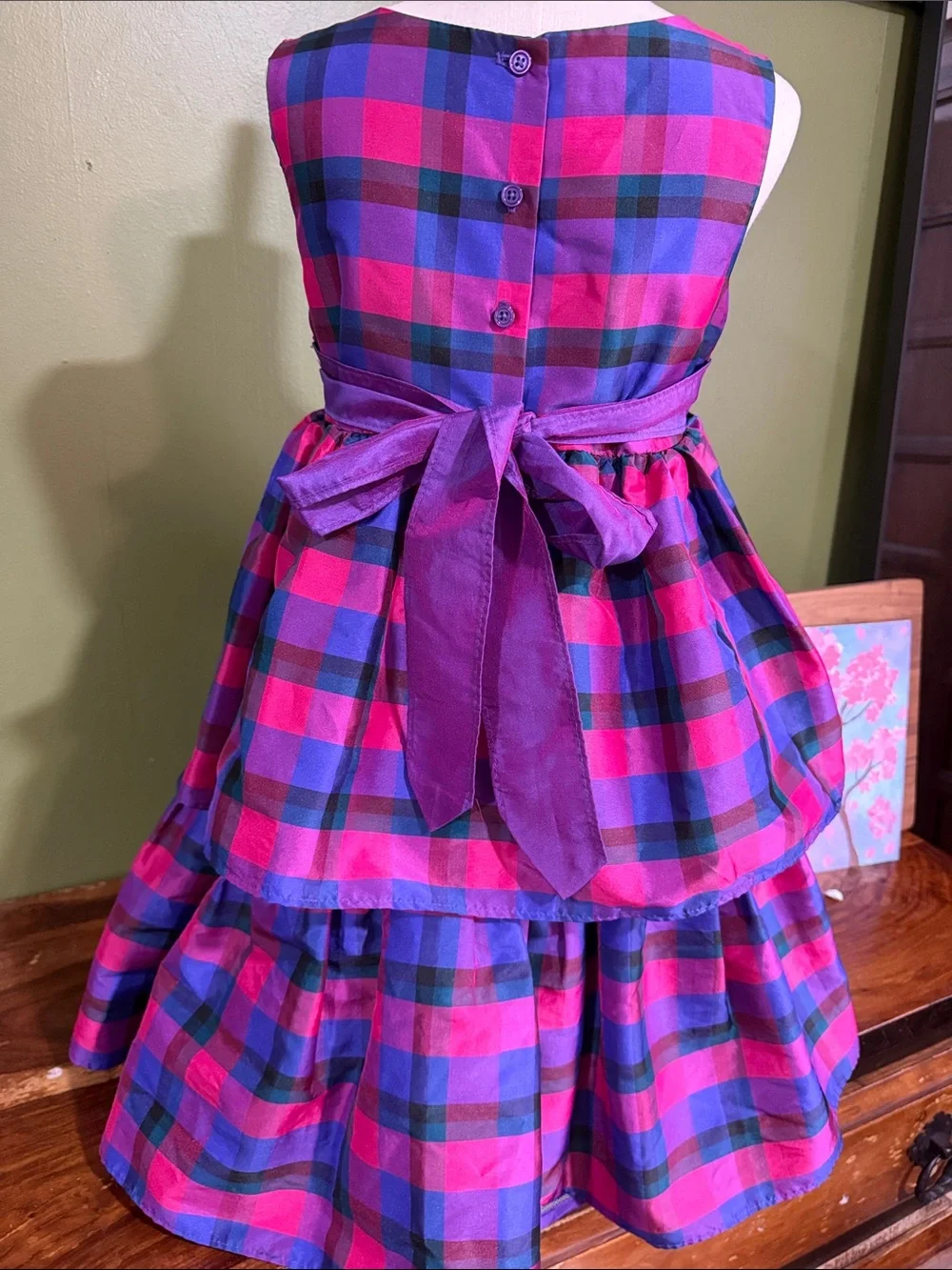 Girls Purple and Pink Plaid Tiered Dress with Bow